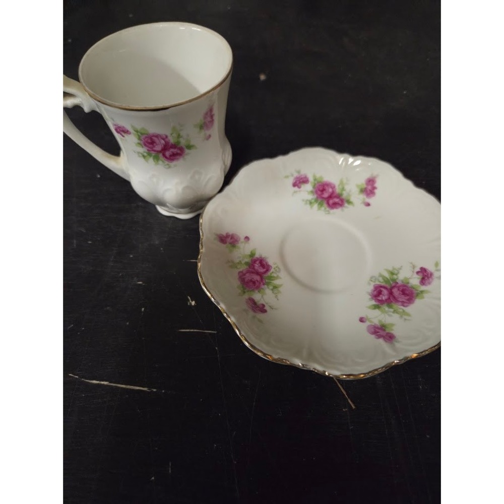 Vintage Made in Japan Porcelain Tea Cup and Saucer Set Pink Roses Gold Trim